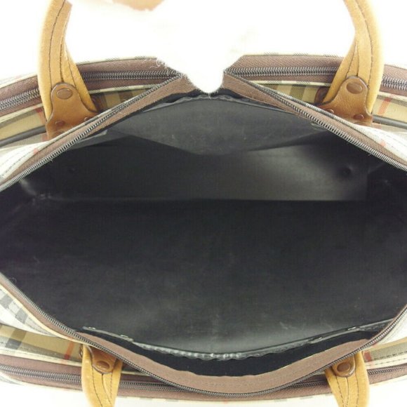 Burberry Boston Bag Check Beige Canvas ~ Leather Auth Used T18536 - Picture 3 of 8